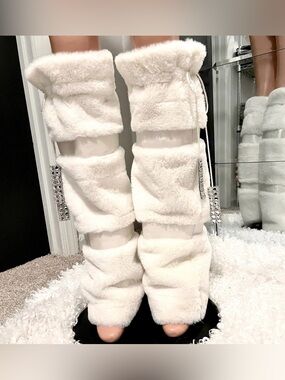 Ivory White Faux Fur Tall Boot Covers/Legwarmers with Rhinestone Diamond Tassels